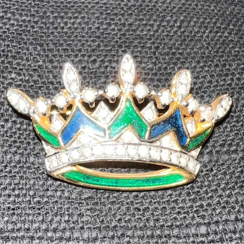 Vintage Rare Polcini Guilloche Blue Green Enamel Rhinestone Crown Brooch Gold.
